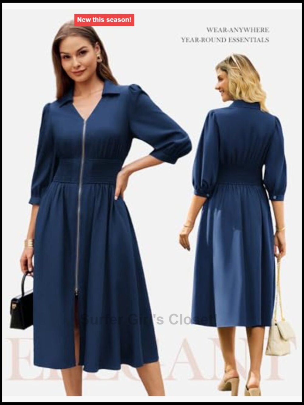 Midi Dress A-Line Work Dress 3/4 Sleeve Zipper Smocked Waist Pockets - Picture 3 of 7
